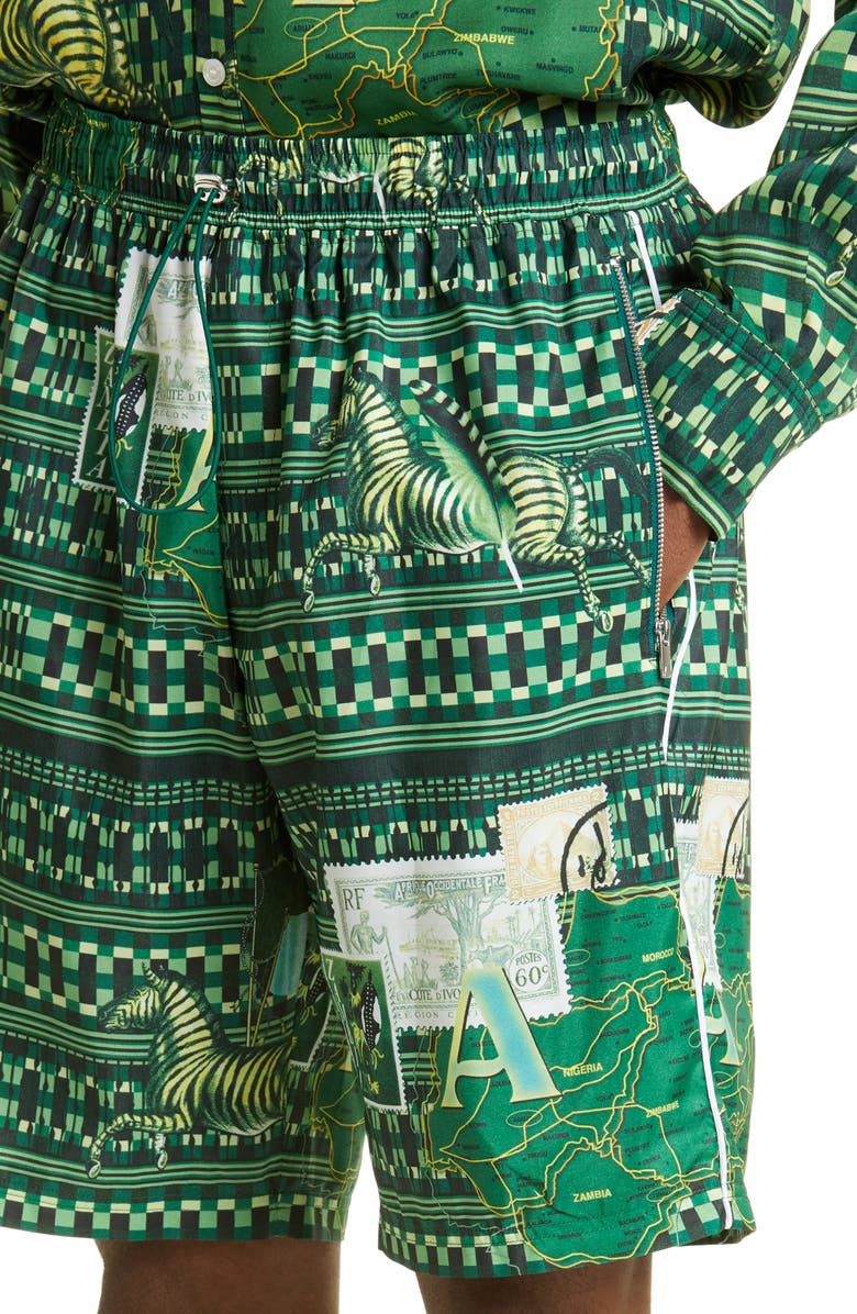 Ahluwalia Buki Geo Map Print Recycled Polyester Swim Trunks, Alternate, color,