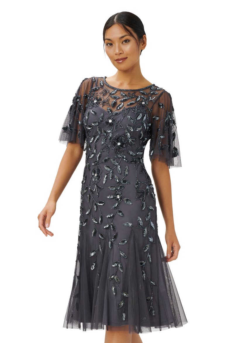 Beaded Mesh Cocktail Dress, Alternate, color, GUNMETAL