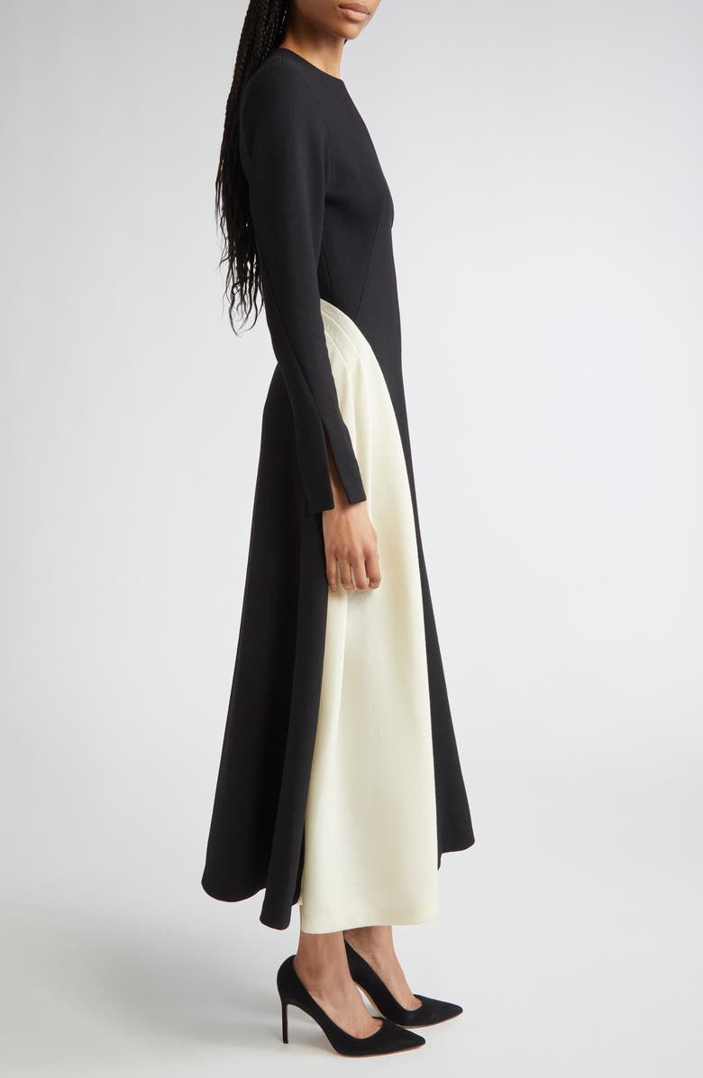 Lela Rose Long Sleeve Stretch Twill A-Line Dress, Alternate, color, Black/ Cream