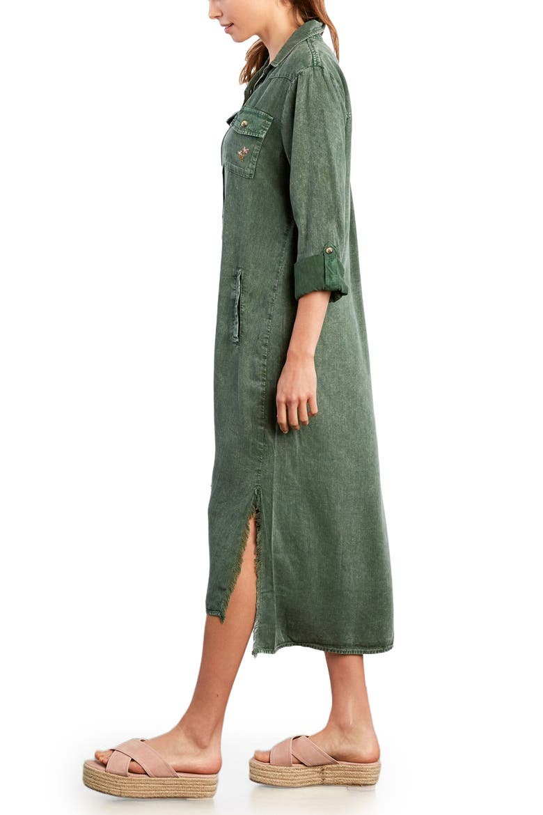 Upstate Floral Embroidered Long Sleeve High-Low Chambray Shirtdress, Alternate, color, NORTHERN GREEN
