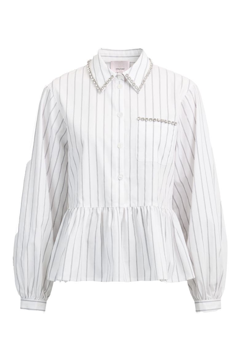 Nyomi Rhinestone Detail Stripe Cotton Blend Peplum Top, Alternate, color, WHITE/ BLACK