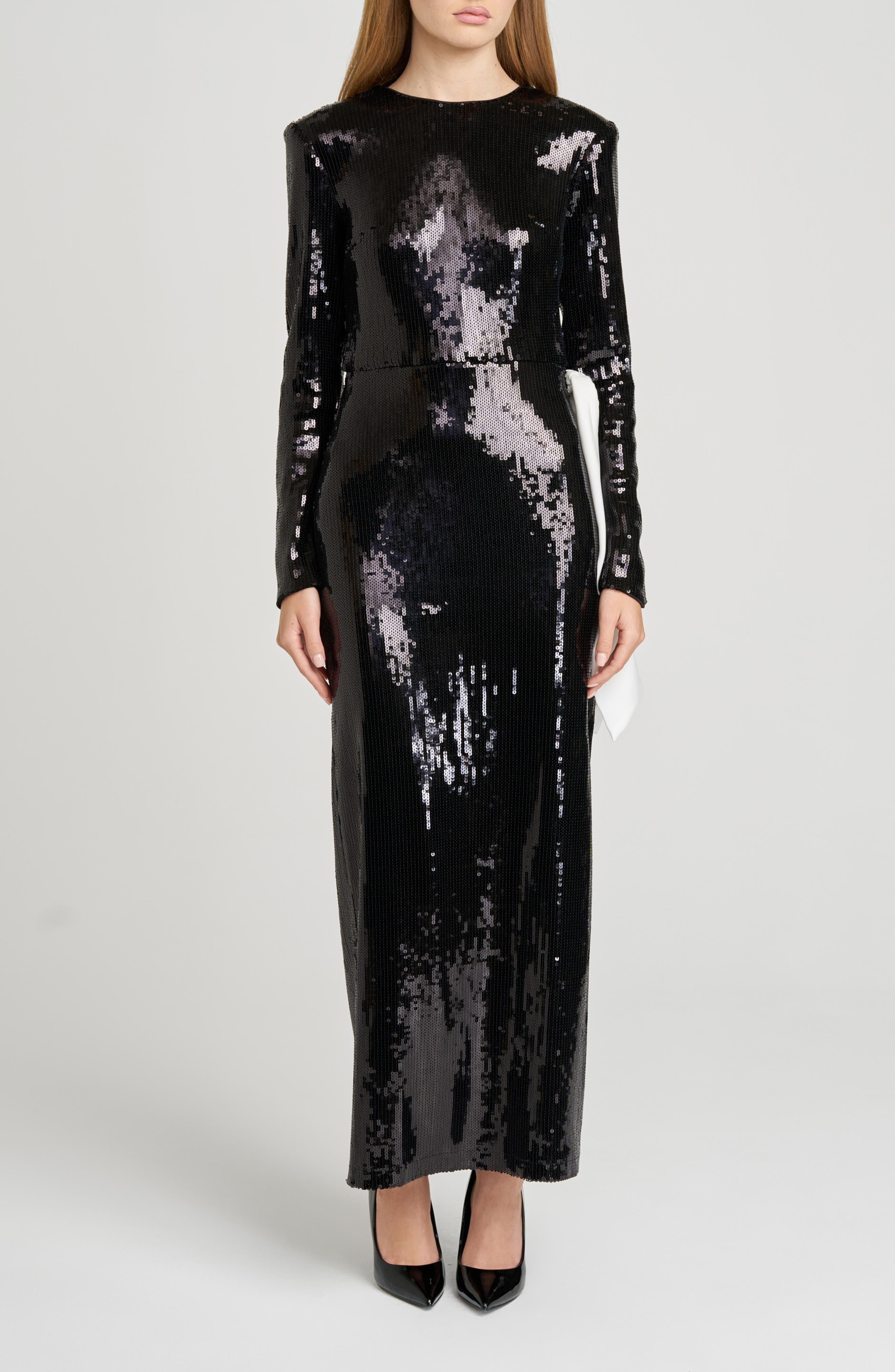 WAYF Charlize Sequin Side Bow Long Sleeve Maxi Dress