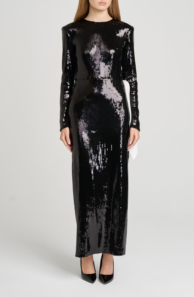 WAYF Charlize Sequin Side Bow Long Sleeve Maxi Dress, Main, color, Black
