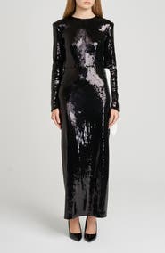 WAYF Charlize Sequin Side Bow Long Sleeve Maxi Dress
