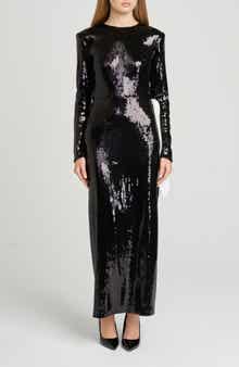 WAYF Charlize Sequin Side Bow Long Sleeve Maxi Dress