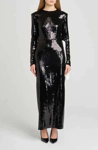 WAYF Charlize Sequin Side Bow Long Sleeve Maxi Dress