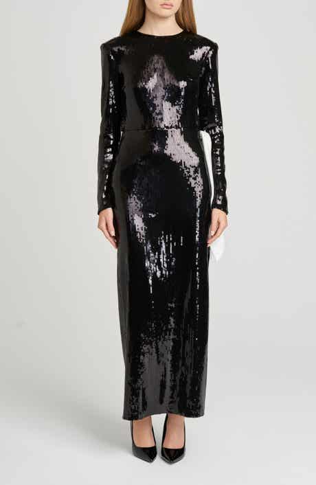 WAYF Charlize Sequin Side Bow Long Sleeve Maxi Dress