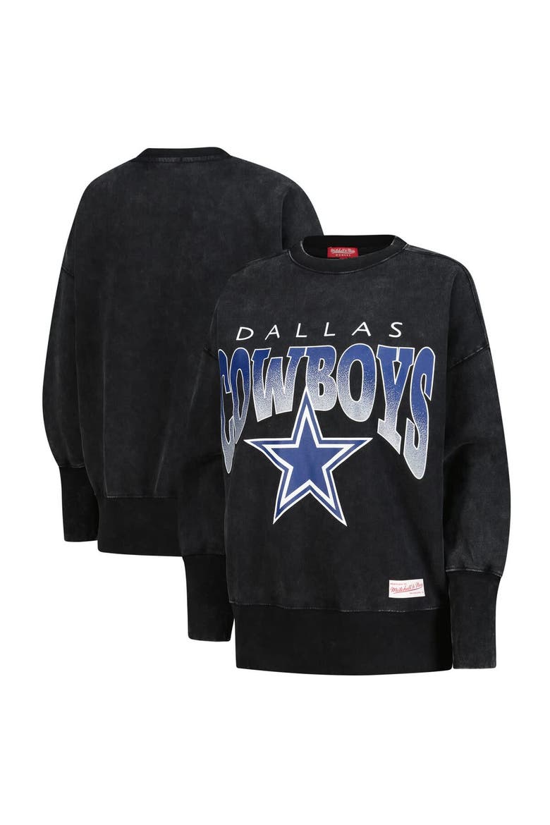 Women's Mitchell & Ness  Black Dallas Cowboys Delineate Mineral Wash Crewneck Sweatshirt, Main, color, Black