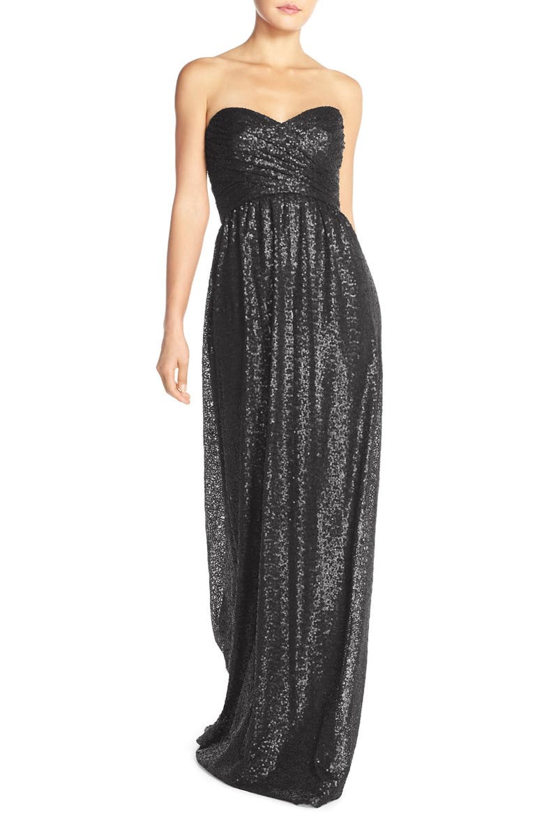 'London' Sequin Tulle Strapless Column Gown, Main, color, BLACK