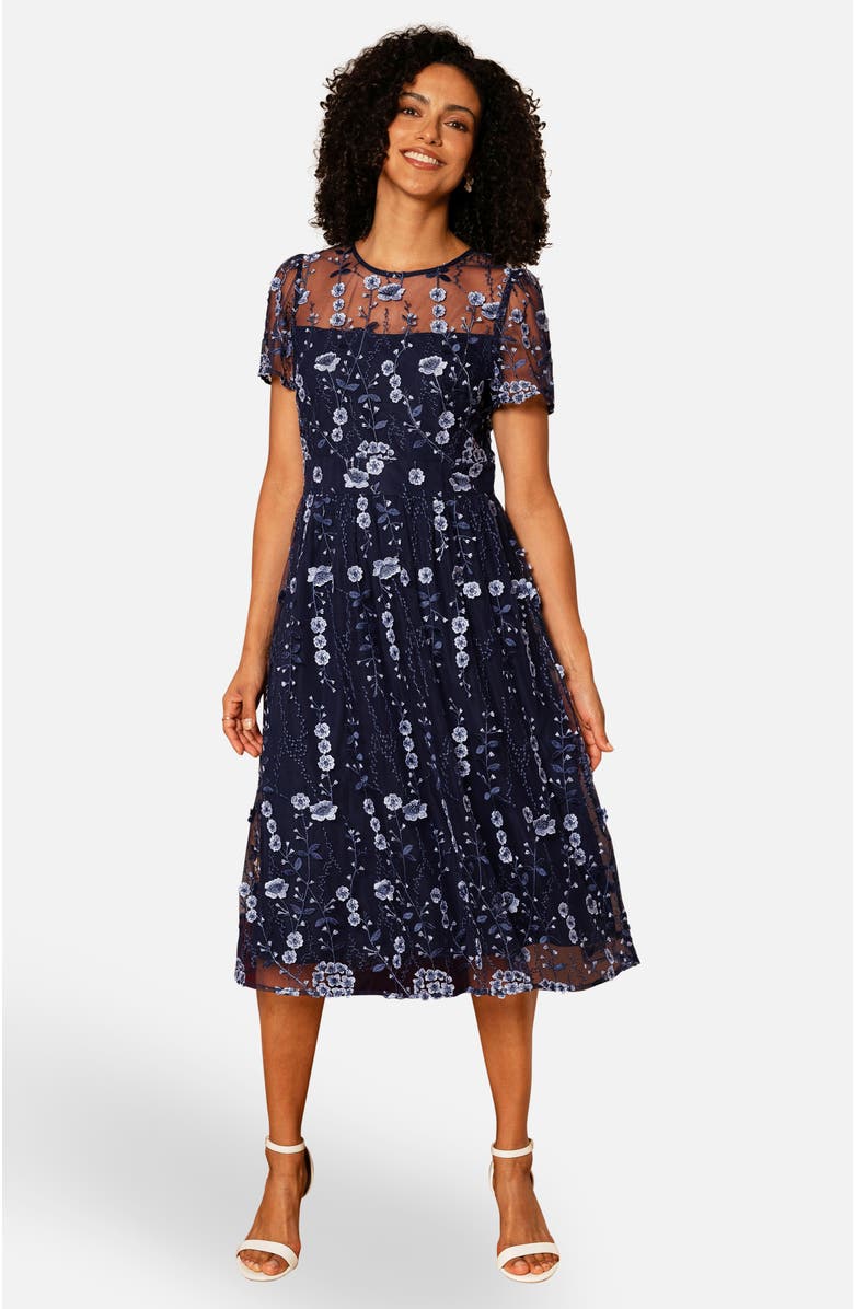 Yumi Embroidered Mesh Midi Dress, Main, color, Navy