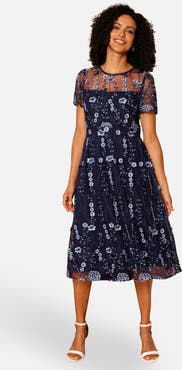 Yumi Embroidered Mesh Midi Dress