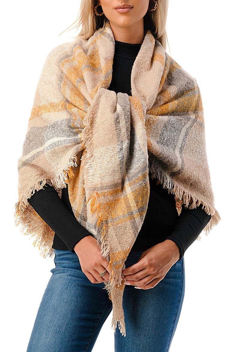 Plaid Fringe Blanket Scarf, Main, color, GREY