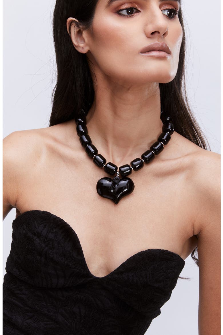 Amore Beaded Heart Pendant Necklace, Alternate, color, BLACK