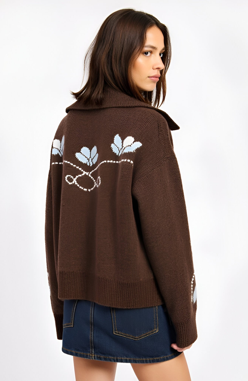 Modenaire Button Up Knit Cardigan With Abstract Floral Print In Brown