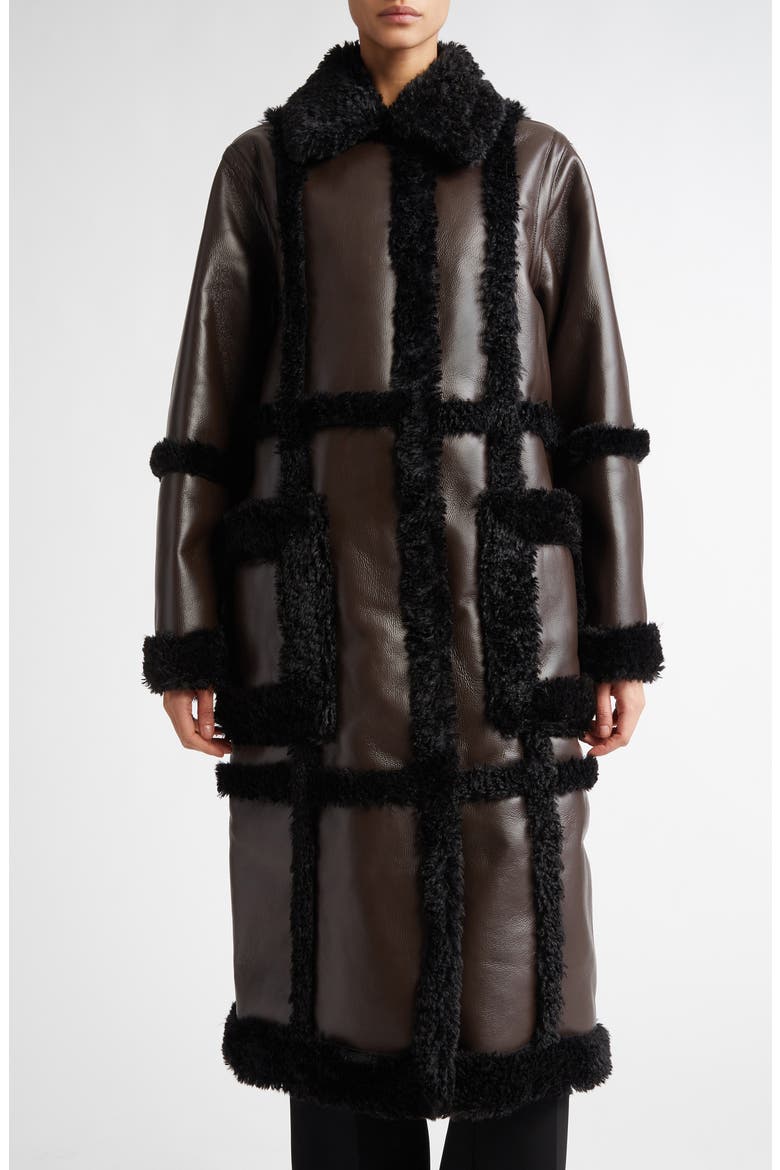 Patrice Faux Leather Coat with Faux Shearling Trim, Main, color, DARK BROWN/ BLACK
