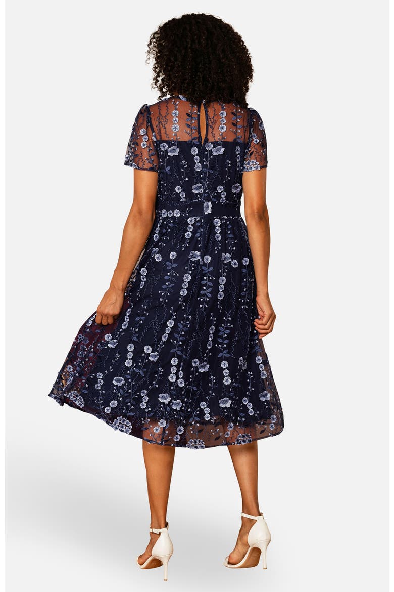Embroidered Mesh Midi Dress, Alternate, color, Navy