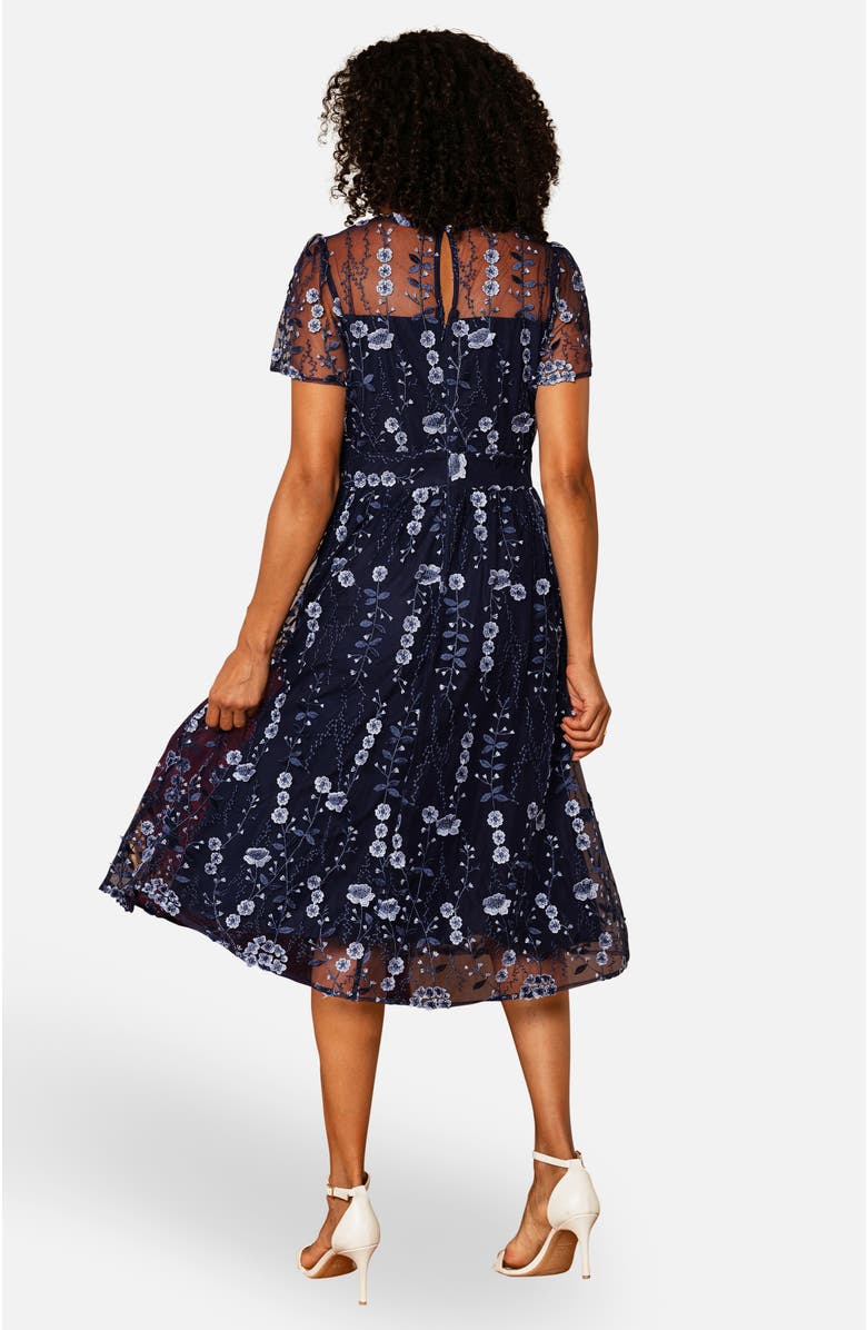 Yumi Embroidered Mesh Midi Dress, Alternate, color, Navy