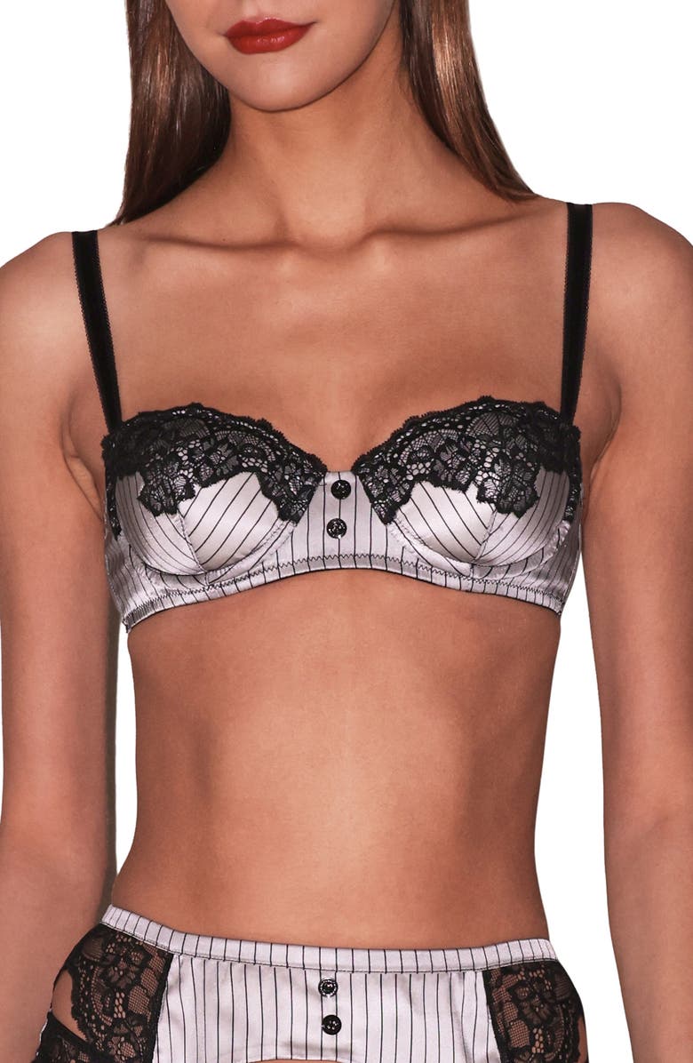 Fleur Du Mal Executive Underwire Silk Trim Balconette Bra, Main, color, Ash Pinstripe