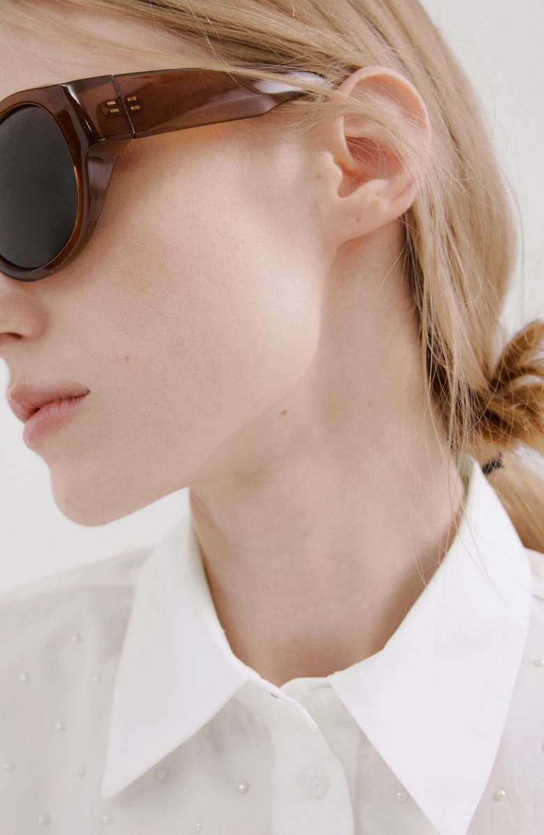 MANGO Embellished Faux Pearl Button-Up Shirt, Alternate, color, Off White