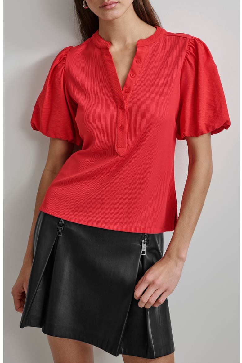 Puff Sleeve Mixed Media Henley Top, Main, color, FLAME