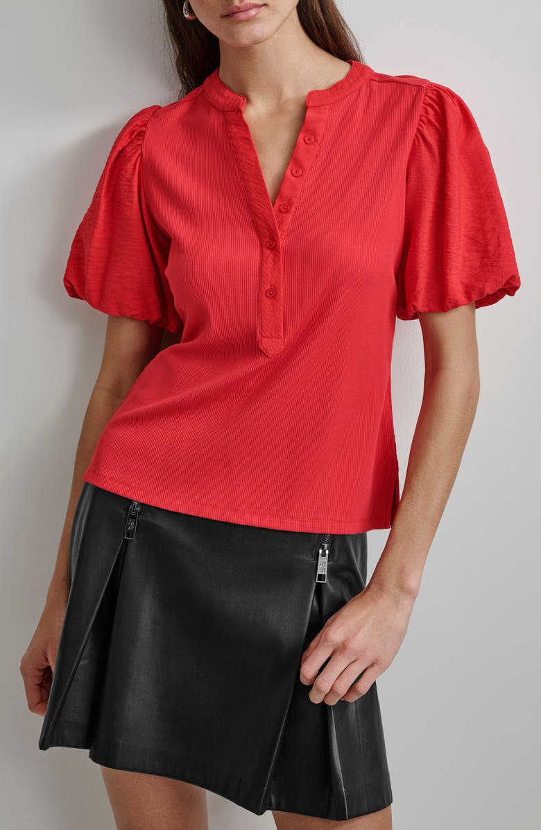 DKNY Puff Sleeve Mixed Media Henley Top, Main, color, Flame
