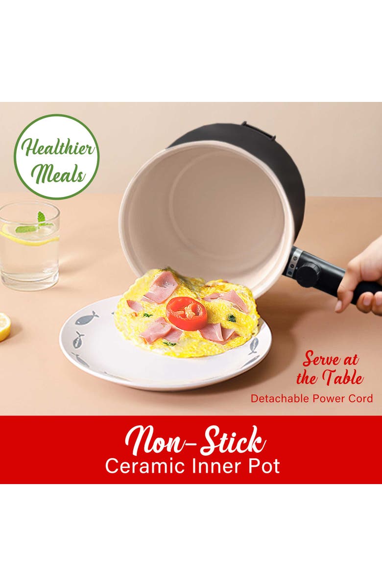 Brentwood Multi-Function Electric Hot Pot Cooker with Ceramic Non-Stick Ceramic Coating and Stainless-Steel Food Steamer, Alternate, color, Black