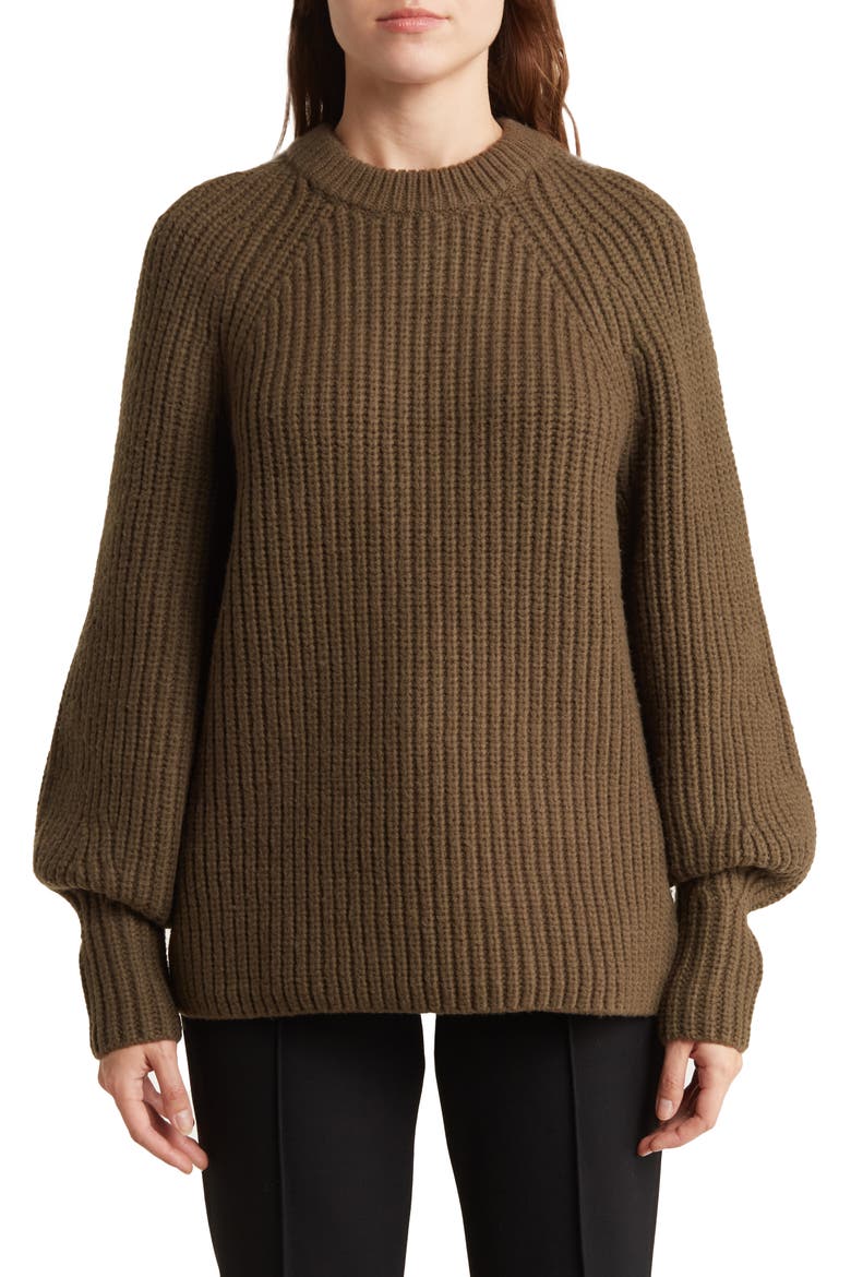 Luisetta Chunky Rib Merino Wool Blend Crewneck Sweater, Main, color, LODEN