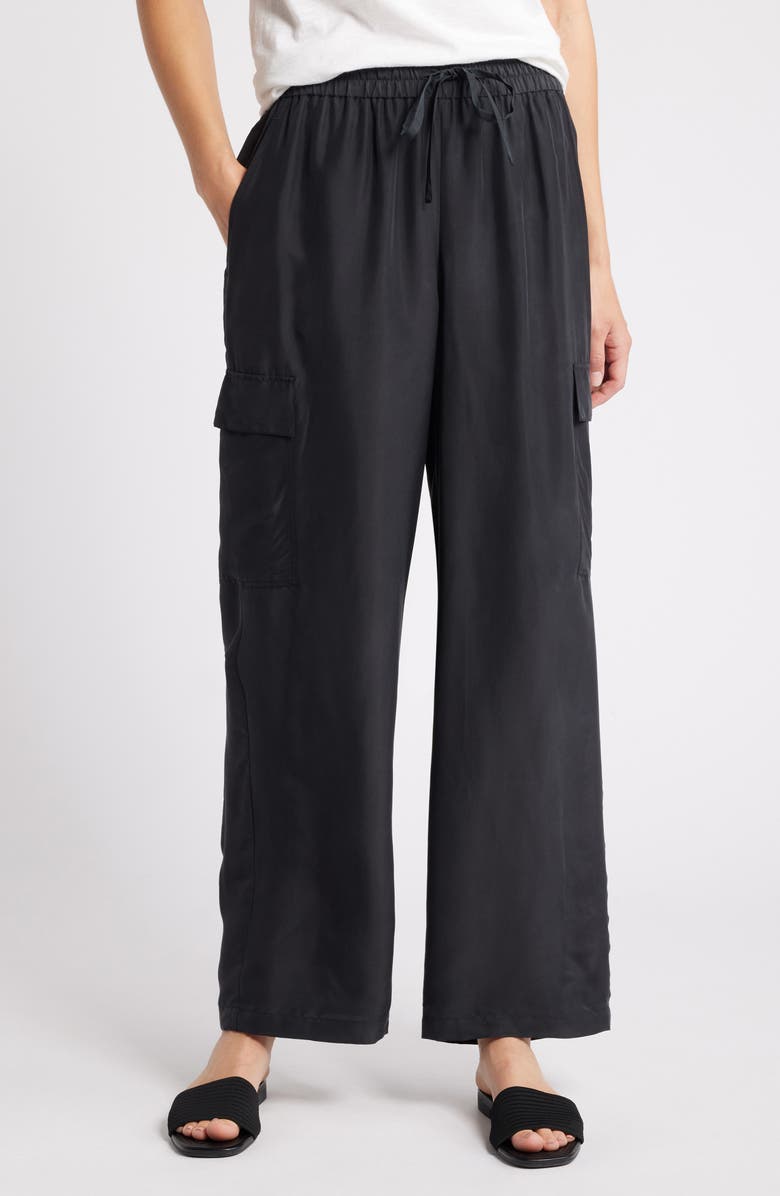 Eileen Fisher Cargo Silk Straight Leg Drawstring Pants, Main, color, 