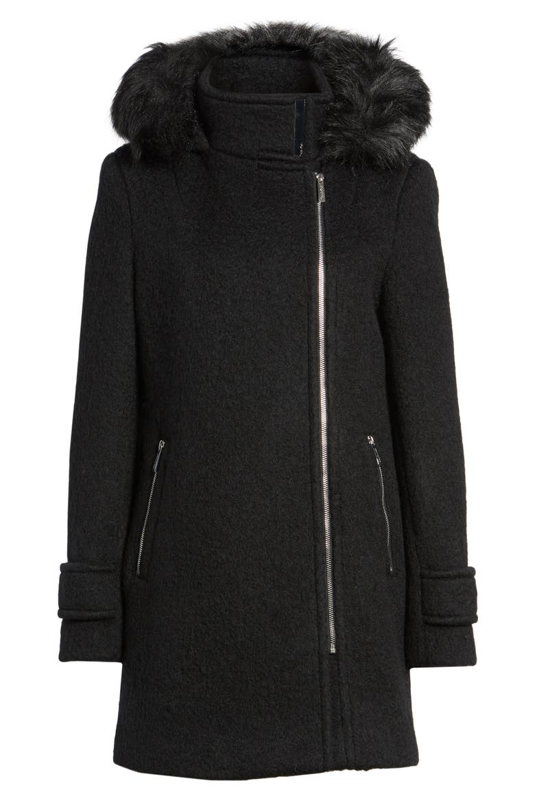 Hooded Wool Blend Jacket with Faux Fur Trim, Alternate, color, BLACK