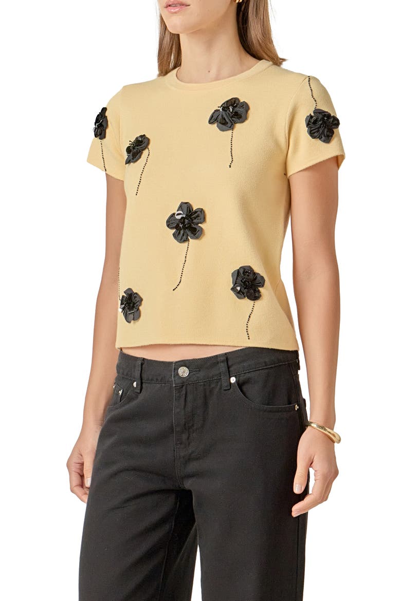 Floral Ebellished Short Sleeve Knit Top, Alternate, color, BUTTER YELLOW/ BLACK