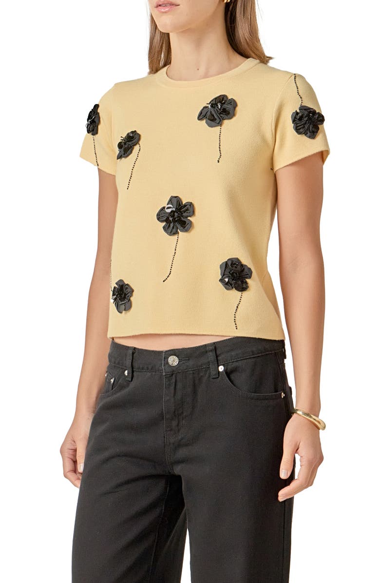 English Factory Floral Ebellished Short Sleeve Knit Top, Alternate, color, Butter Yellow/ Black