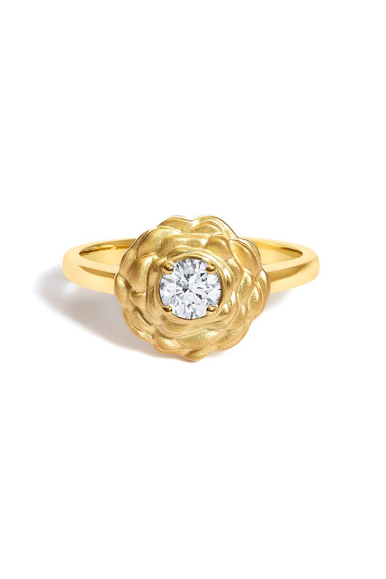 14K Yellow Gold Plated Sterling Silver 1/3 Ctw Lab Grown Diamond Floral Motif Solitaire Ring, Main, color, Yellow Gold over Silver