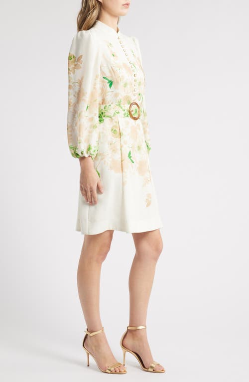 Tahari Asl Border Print Belted Long Sleeve Dress In Ivory Fern