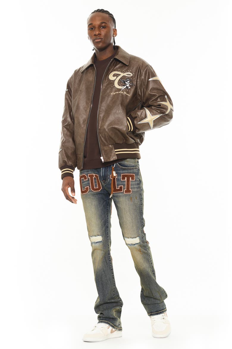Legends Embroidered Faux Leather Varsity Jacket, Alternate, color, BROWN