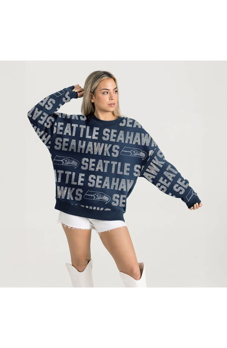 GAMEDAY COUTURE Women's Gameday Couture College Navy Seattle Seahawks Relaxed Drop Shoulder Hype Era Rhinestone Text Sweatshirt, Main, color, 