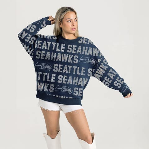 Women's Gameday Couture College Navy Seattle Seahawks Relaxed Drop Shoulder Hype Era Rhinestone Text Sweatshirt