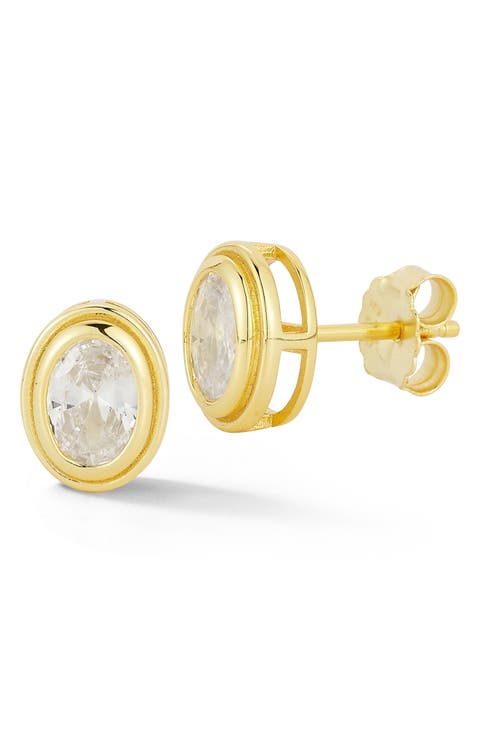Cubic Zirconia Bezel Set Oval Stud Earrings