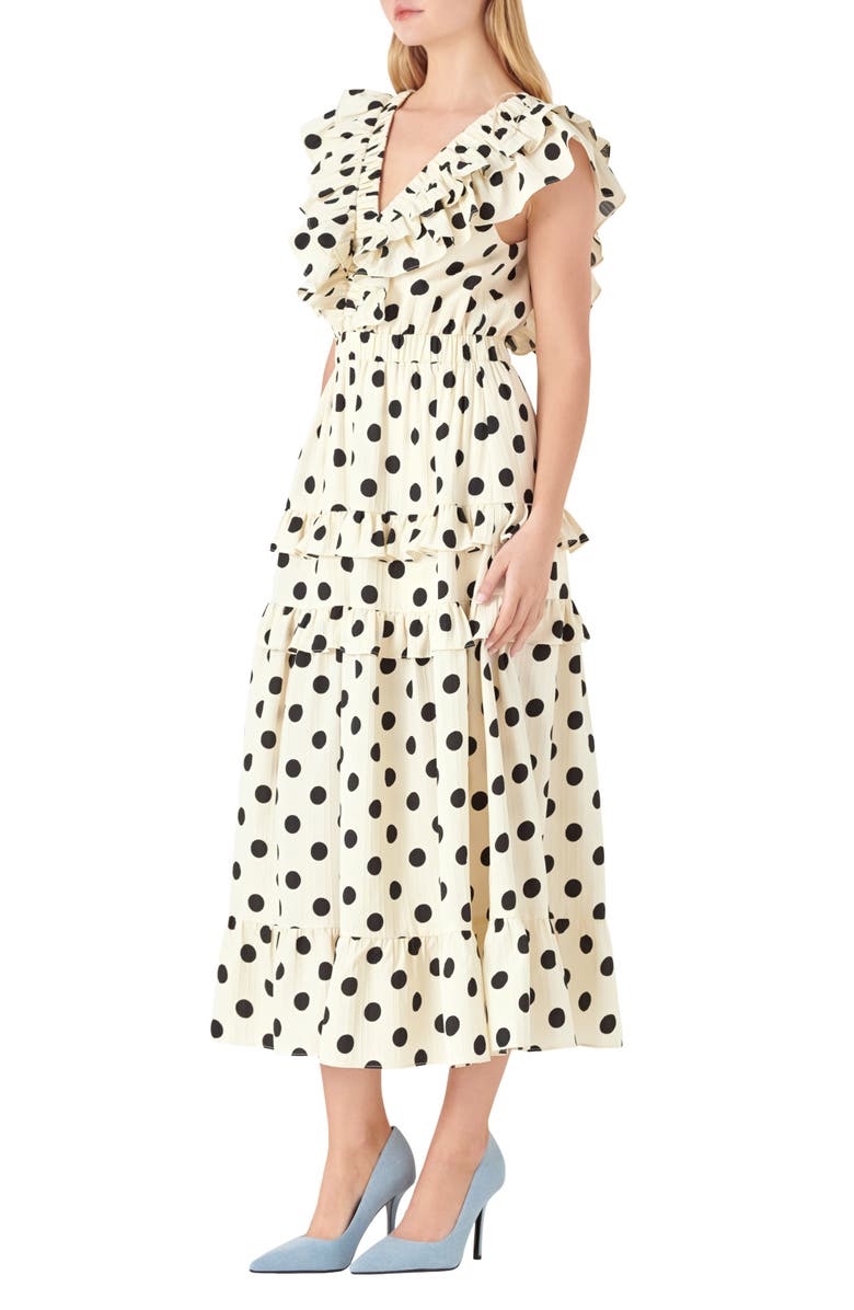 English Factory Polka Dot Ruffle Trim Midi Dress, Alternate, color,
