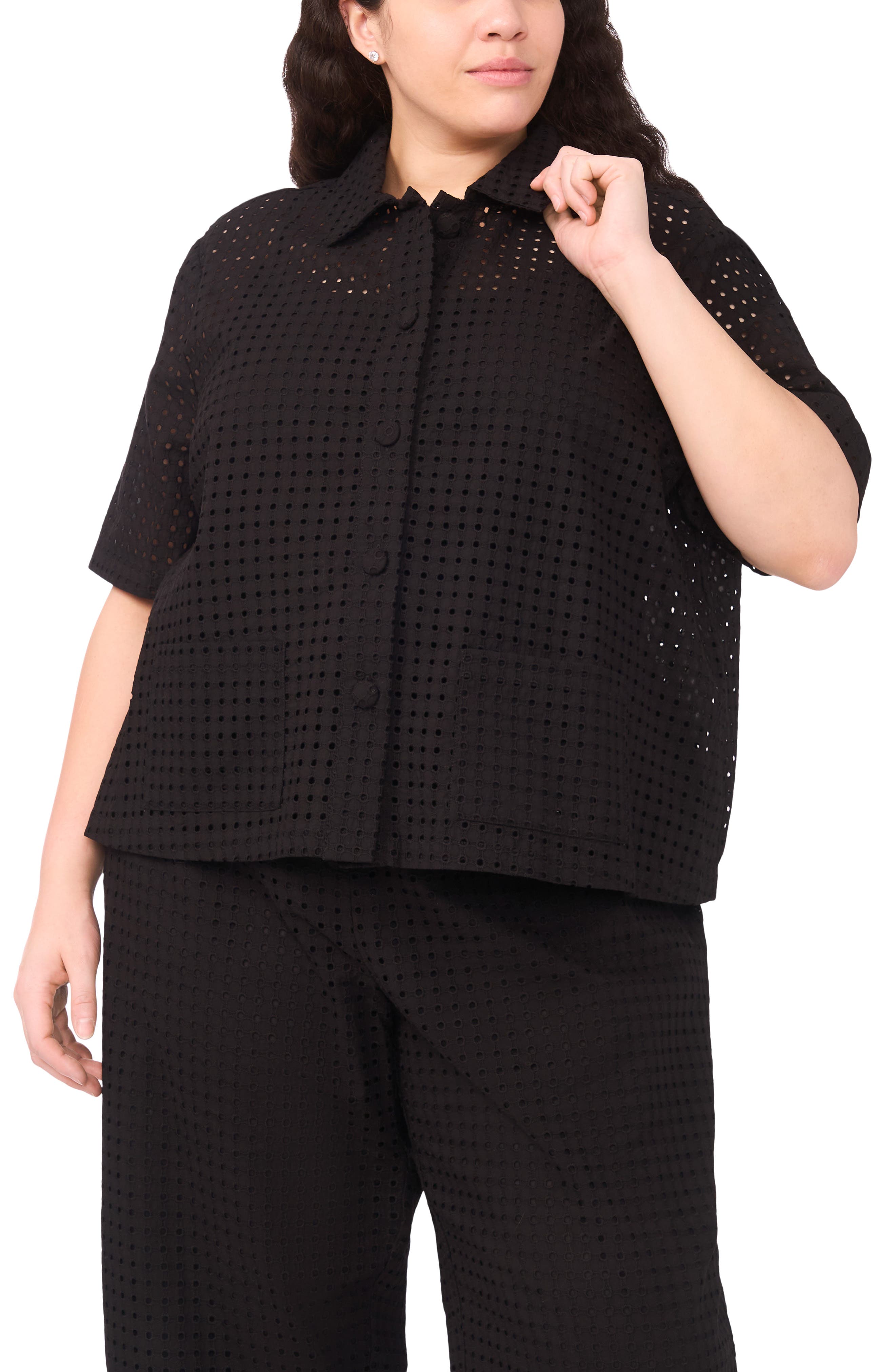 Eyelet Short Sleeve Button-Up Shirt