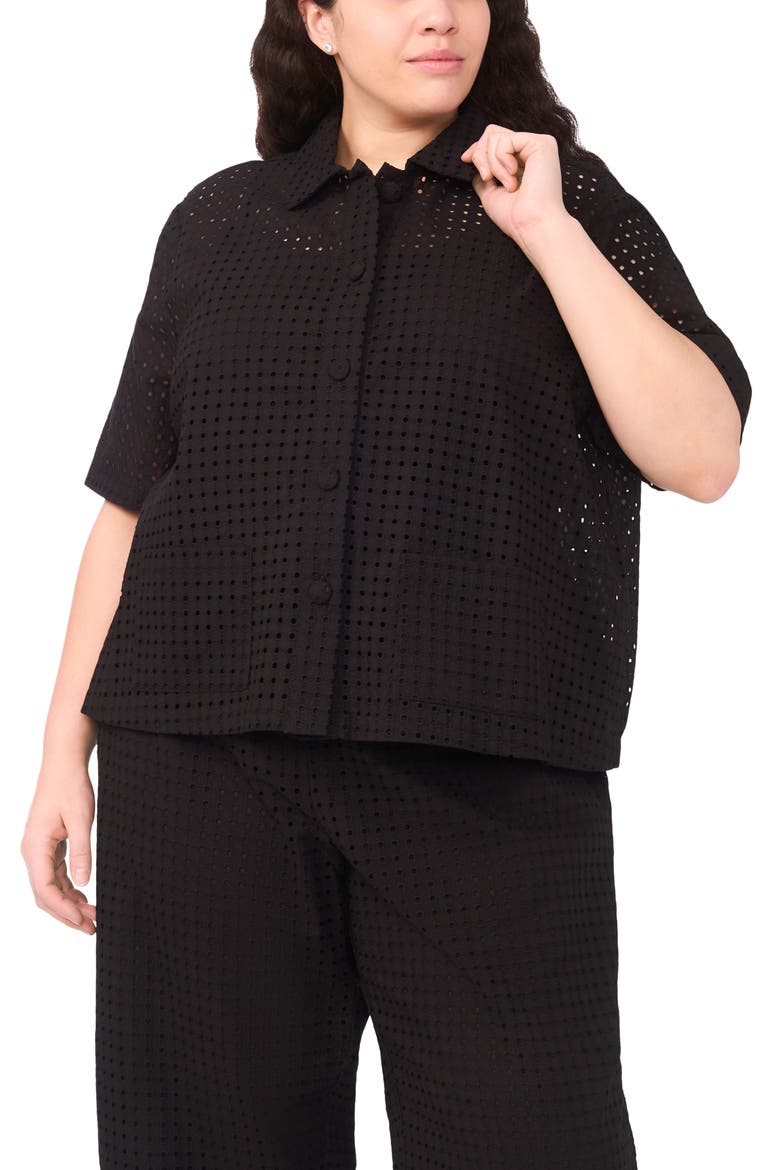 Eyelet Short Sleeve Button-Up Shirt, Main, color, RICH BLACK 060