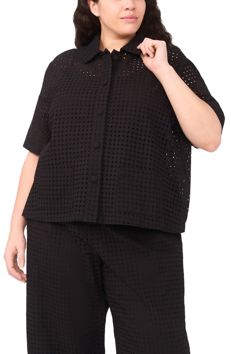 Halogen<sup>®</sup> Eyelet Short Sleeve Button-Up Shirt, Main, color, Rich Black 060