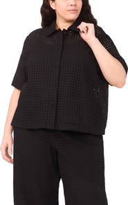 Halogen® Eyelet Short Sleeve Button-Up Shirt