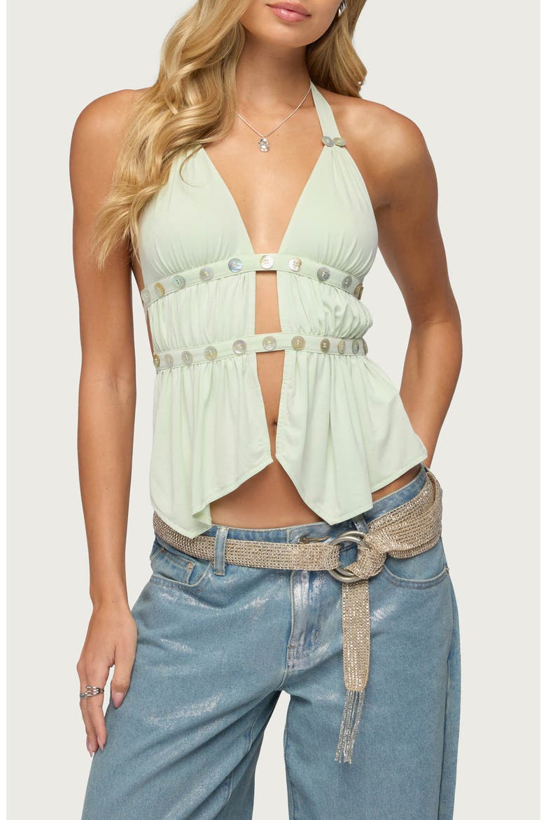 Izora Button Embellished Plunge Halter Neck Top, Main, color, GREEN