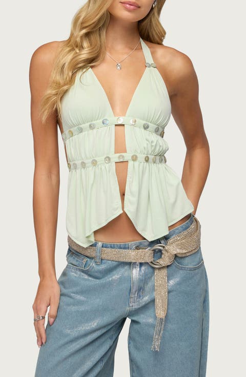 Izora Button Embellished Plunge Halter Neck Top