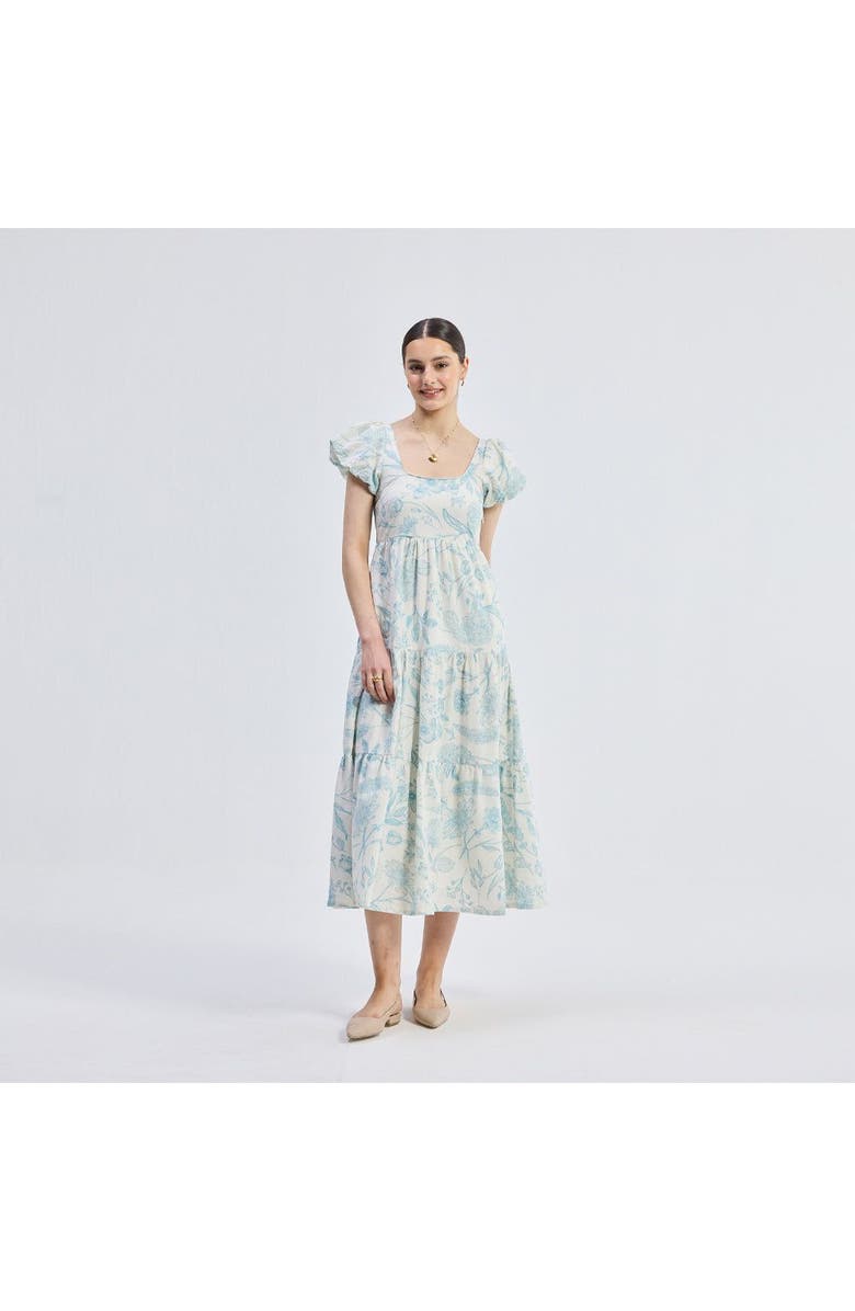 Reistor Womens Deep Puff Sleeve Tiered Maxi Dress in Blue Florals Small, Main, color, Blue Florals