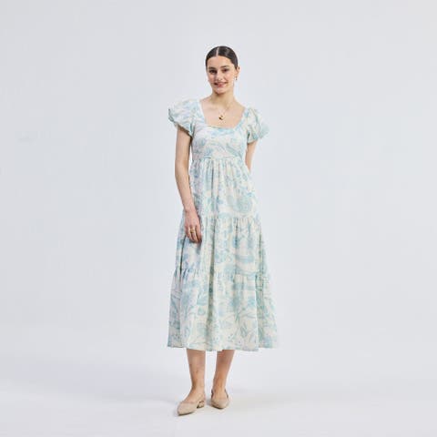 Womens Deep Puff Sleeve Tiered Maxi Dress in Blue Florals Small