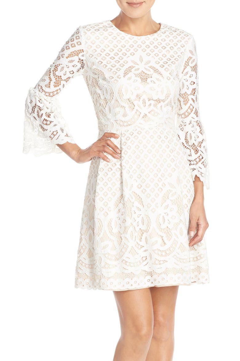 Bell Sleeve Lace Fit & Flare Dress, Main, color, IVORY