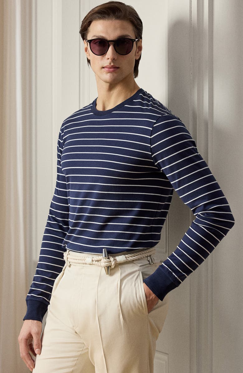 Ralph Lauren Purple Label Luxury Lisle Stripe Long Sleeve Cotton T-Shirt, Alternate, color, Classic Chairman Navy
