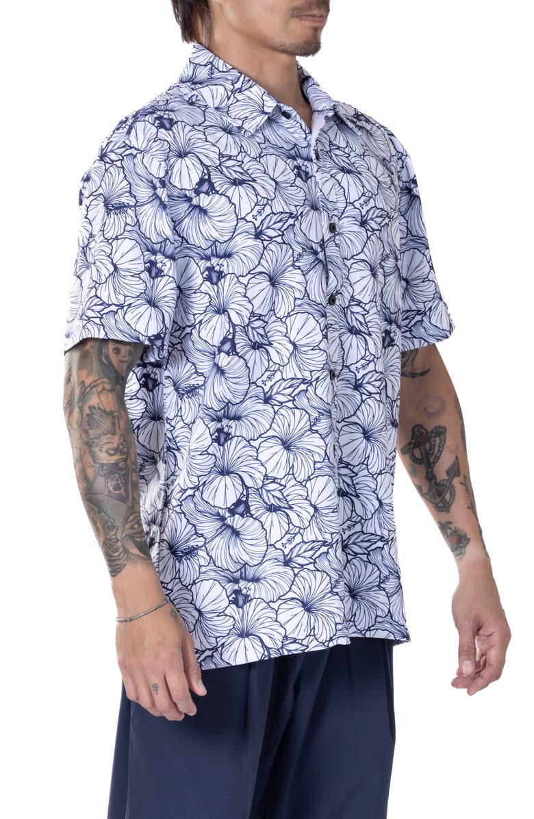 VAST Hibiscus Print Floral Short Sleeve Performance Button-Up Shirt, Alternate, color, White