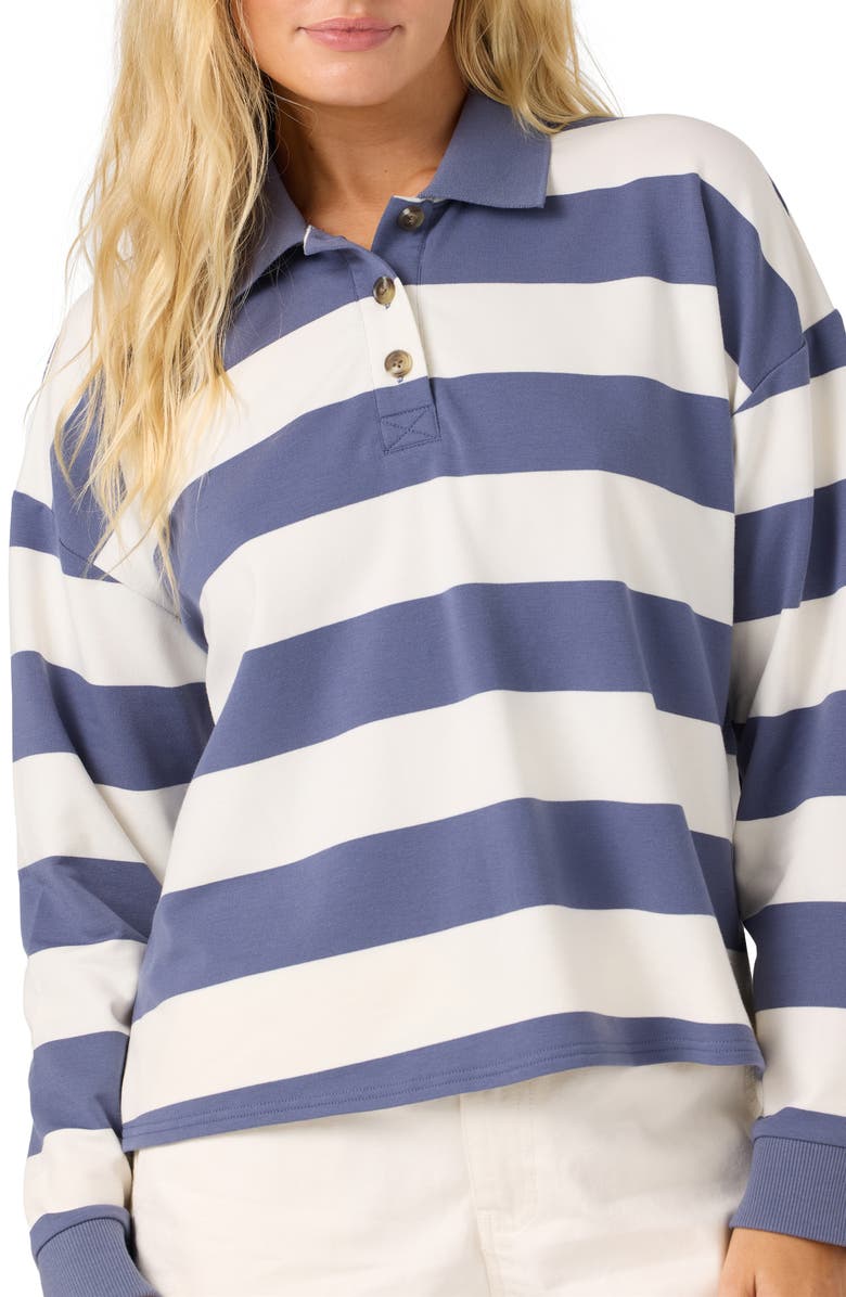 O'Neill Kyra Striped Long Sleeve Crop Polo, Alternate, color, Nightshadow Blue